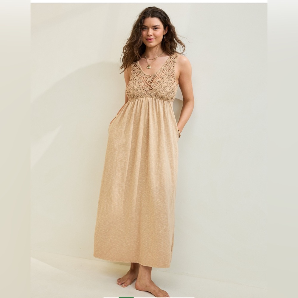 AERIE Crochet‎ Maxi Dress Sleeveless Koko Brown Boho Cottagecore Flowy Long XS